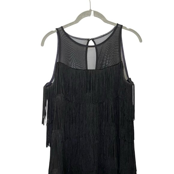 WHITE HOUSE BLACK‎ MARKET Fringe Flapper Tiered Dress Black Solid Sleeveless S - Picture 3 of 7